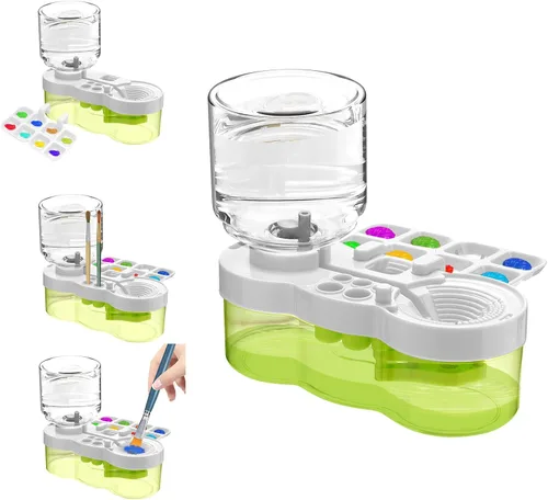 Limpiador de pinceles, dispensador de enjuague de acuarela de ciclo de agua mejorado con soporte y paleta, sistema de limpieza para acrílico, Verde