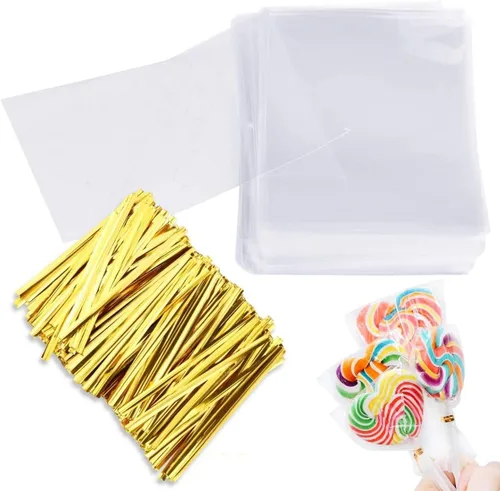 Miniatura 8 de Augshy Bolsas de celofán, 300 bolsas de violonchelo de 5 x 7 pulgadas para piruleta con 320 lazos giratorios, bolsas de plástico OPP de 1.4 mils