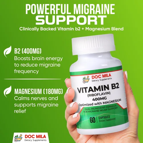 Miniatura 3 de Vitamina B2 Riboflavina 400 mg Cápsulas – Suplemento de alivio de la migraña para niños y adultos – Apoyo para el dolor de cabeza – Tabletas
