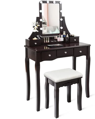 Miniatura 11 de LDAILY Juego de mesa de tocador con 10 luces LED, tocador de maquillaje con espejo cuadrado iluminado giratorio de 360°, taburete acolchado y 5