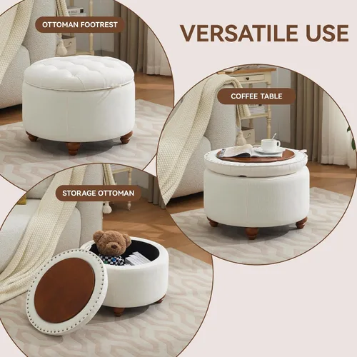 Miniatura 5 de WUTUTUEE Otomana redonda de almacenamiento de 24 pulgadas con bandeja, mesa de café circular tapizada moderna con almacenamiento, otomana tapizada