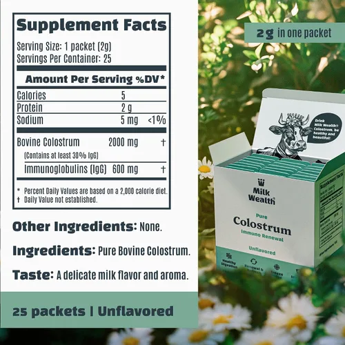 Miniatura 8 de Milk Wealth™ Polvo de calostro bovino 1.76 oz IgG natural y liofilizado Apoyo para la salud inmune e intestinal Alimentado con pasto y sin