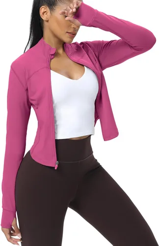 Miniatura 56 de AVGO Chaquetas de entrenamiento recortadas para mujer, con cremallera, ajustadas, atléticas, con agujeros para el pulgar