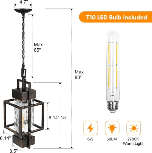 Miniatura 4 de Lámpara colgante de 15 pulgadas para interiores y exteriores, moderna lámpara de araña de metal negro para exteriores, lámpara de techo con vidrio
