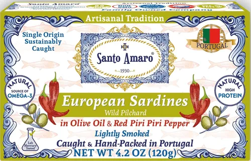 Santo Amaro - Auténticas sardinas europeas en aceite de oliva y piri piri rojo, pimienta, sardinas enlatadas a mano en aceite de oliva picante,