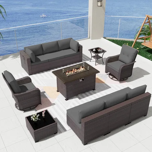 Miniatura 58 de Kurapika juego de muebles de patio 4 piezas de mimbre al aire libre, sillas de ratán, juego informal con mesa de café, juego de bistró con mecedora
