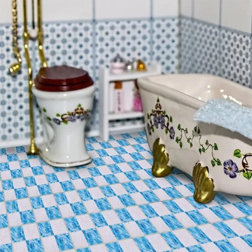 Miniatura 3 de Kisangel Suelo en miniatura, 27 piezas de azulejos de casa de muñecas de 1.18 pulgadas, hojas de mosaico azul y blanco para decoración de mini casa