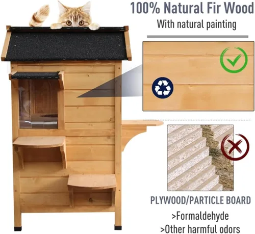 Miniatura 3 de 2-Story Cat House with Multiple Entrances - Outdoor & Indoor Wooden Cat Condo with Asphalt Roof, Waterproof Paint, Jump Ledges & Easy-Clean Opening