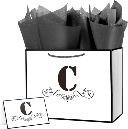 ysmile Bolsa de regalo de letras con papel de envoltura para hombres y mujeres, bolsa de papel grande de 12 pulgadas de color blanco y negro para
