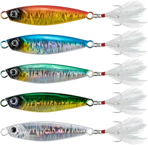 Alwonder Paquete de 5 cucharas de pesca con anzuelos agudos, cucharas de fundición de agua dulce y salada, señuelos de pesca de surf, plantillas
