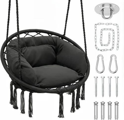 Miniatura 10 de Magshion Silla hamaca colgante con acogedor cojín completo, silla columpio de macramé exterior con capacidad de 350 libras, muebles decorativos Beige