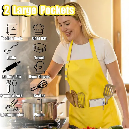 Miniatura 2 de TOSHE Delantal de cocina de algodón resistente a las gotas de agua con delantales ajustables para mujer con bolsillos, 10 opciones de color, Amarillo