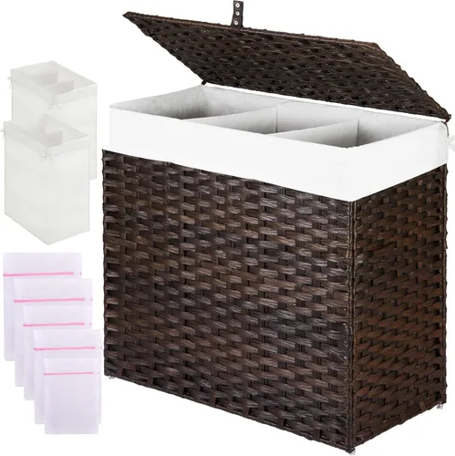 Miniatura 10 de Greenstell Cesta de ropa sucia con tapa, cesta grande de ropa de 125L con 3 secciones y bolsas de forro extraíbles de 2 secciones y 5 bolsas de Negro