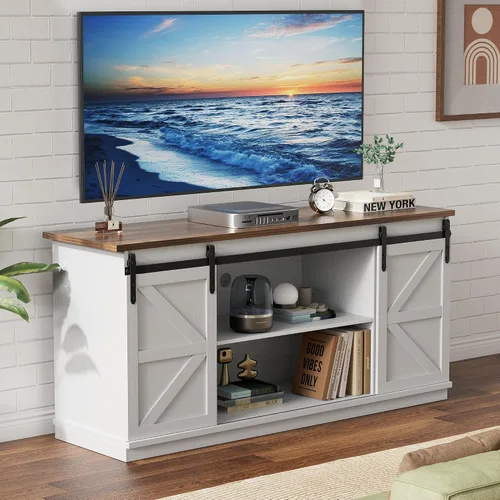 Miniatura 10 de YESHOMY - Soporte de TV para televisores de hasta 65 pulgadas, con puertas corredizas estilo granja y gabinetes de almacenamiento, mesa consola
