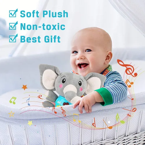 Miniatura 6 de Aitbay elefante musical de peluche, juguete para niños de 0, 3, 6, 9 y 12 meses, bonito peluche con luces para bebés recién nacidos, para niños