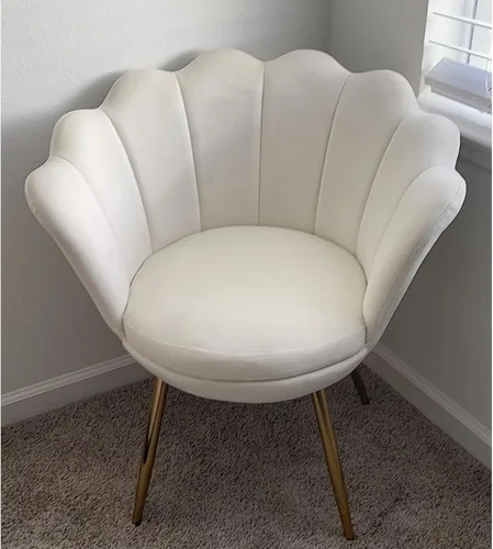 Miniatura 6 de chairus Silla de tocador de maquillaje blanca crema con respaldo, pequeña silla moderna tapizada de terciopelo con patas de metal dorado, bonita