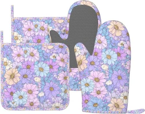 Oven Mitts Pot Holders Set Daisy Flower Pastel Color Silicone Kitchen Gloves Potholders Heat Resistant for Chef Baking Cooking Grilling BBQ 4 Pack