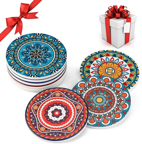 Miniatura 2 de Juego de 8 posavasos absorbentes de piedra para mesa de madera, mandala de cerámica con base de corcho, regalo para inauguración de la casa