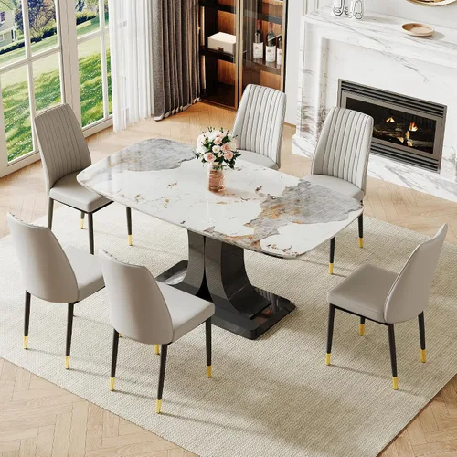 Miniatura 14 de Juego de mesa de comedor moderno para 6, juego de mesa de cocina y sillas de mármol para 6, mesa de cocina rectangular con 6 sillas tapizadas