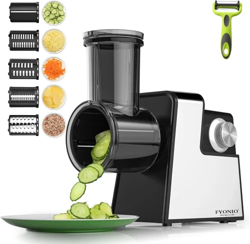 Rallador Eléctrico de Queso, Fabricante de Ensalada 5 en 1 con Cuchillas de Acero Inoxidable, Triturador/Rebanador Eléctrico de 350W, Máquina