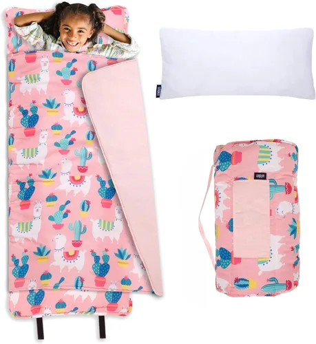 Wildkin Alfombrilla para Siesta Infantil Original – Cómoda Alfombrilla para Dormir con Almohada, Ideal para Escuela y Viajes Llamas y Cactus Rosa