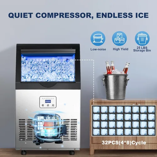 Miniatura 7 de Máquina comercial de hielo de 90 libras/24 horas, máquina de hielo de acero inoxidable bajo encimera o independiente con almacenamiento de 25