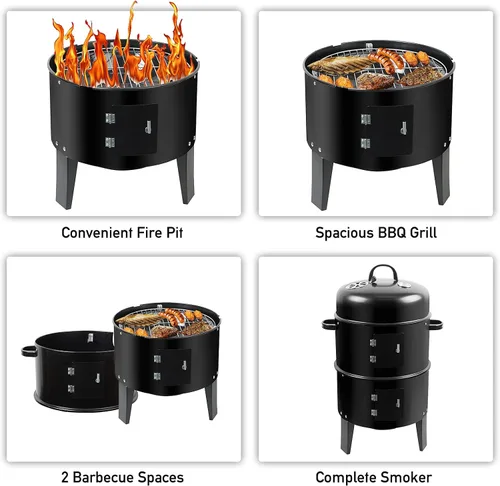 Miniatura 7 de Shikha Ahumador de barbacoa de carbón de 17 pulgadas con rejillas de dos niveles y termómetro al aire libre para fiestas en casa, humo vertical
