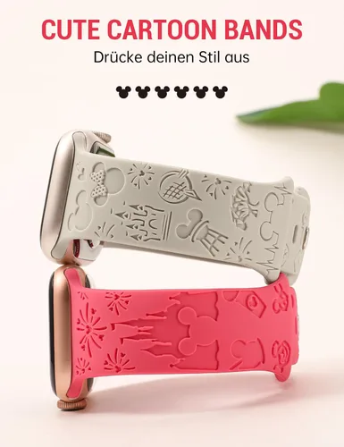 Miniatura 2 de 2 paquetes de correas grabadas con dibujos animados compatibles con Apple Watch de 38/40/41/42/44/45/46/49 mm, correa de silicona suave y linda