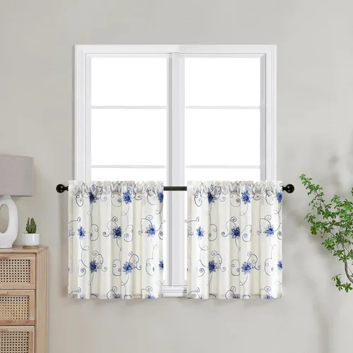 Miniatura 2 de VOGOL Cortinas de Nivel para Cocina para Ventana, Flores Azules y Enredaderas Bordadas Cortina de 24 Pulgadas de Largo, Cortinas Cortas Tratamiento