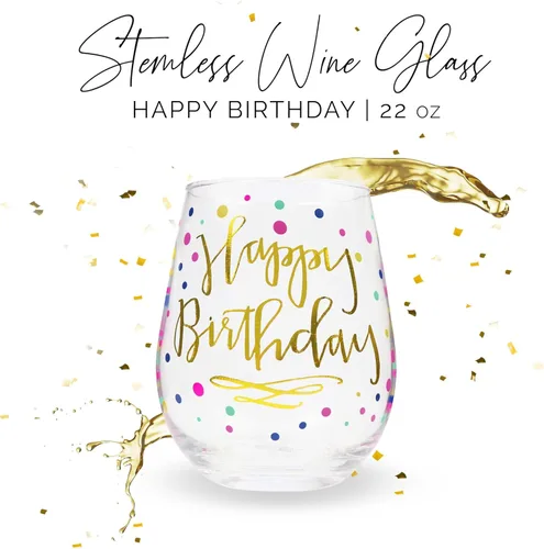 Miniatura 5 de Copa de vino de feliz cumpleaños para mujer, 22 onzas, sin tallo con estampado de confeti dorado, regalo para adultos, tazas de feliz cumpleaños