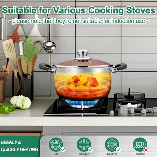 Miniatura 4 de TeamFar Olla de 3 cuartos de galón, olla de sopa de pasta de acero inoxidable con tapa, tapa de vidrio templado y asas dobles a prueba de calor,
