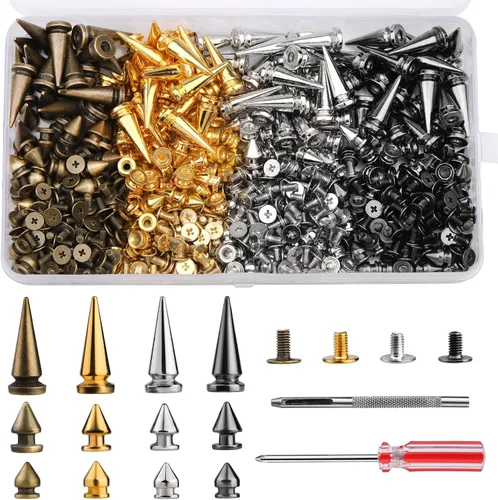 Miniatura 8 de QMNNMA Kit de 120 Juegos de Pinchos y Tachuelas Punk, Pinchos Cónicos de 4 Colores, Tachuelas Atornillables de Pinchos Metálicos de 3 Tamaños