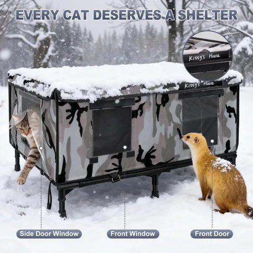 Miniatura 6 de Casa para gatos al aire libre – Refugio resistente a la intemperie para gatos con 2 puertas y cubierta para lluvia, casa impermeable para gatos