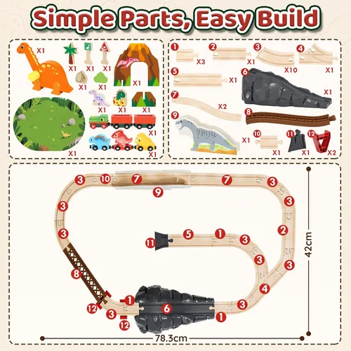 Miniatura 7 de Lehoo Castle Juego de tren de madera - Juego de tren de dinosaurio para niños pequeños de 2 a 4 años, pista de tren de madera, juguetes para niños
