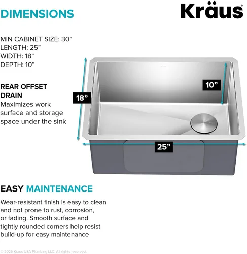 Miniatura 6 de Kraus KHU111-25 Standart PRO - Fregadero de cocina empotrado con tazón individual de acero inoxidable, calibre 16, 25 pulgadas