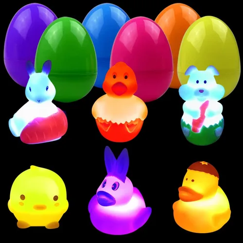 Jofan Paquete de 6 huevos de Pascua de plástico jumbo prellenados con juguetes de baño iluminados en el interior para niños y niñas pequeños