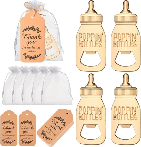 50 Piezas de Abridores de Biberón para Bebés, Diseño de Botella Poppin para Recuerdos de Baby Shower con Tarjeta de Regalo de Gracias en Paquete, al