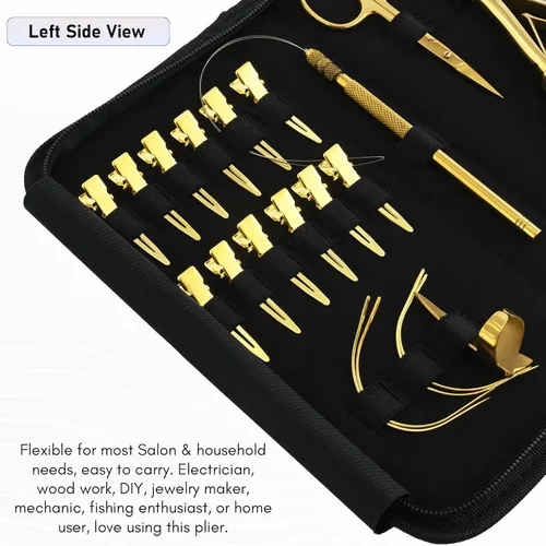 Miniatura 5 de El kit de herramientas de extensión de cabello incluye 2 alicates para prensar microeslabones con microcuentas, 12 clips de seccionamiento, Dorado
