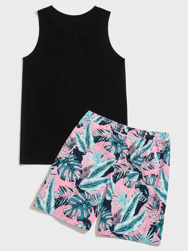 Miniatura 2 de GORGLITTER Conjunto de 2 piezas para hombre, con estampado floral, cintura elástica, pantalones cortos sin mangas