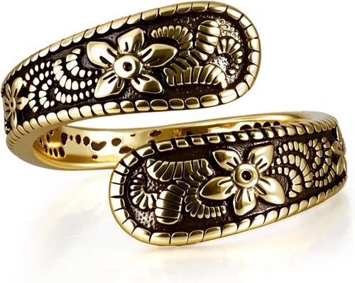 Anillo de cuchara vintage chapado en oro de 14 quilates y plata, anillo ajustable con diseño tallado para mujer, anillo abierto bohemio único para
