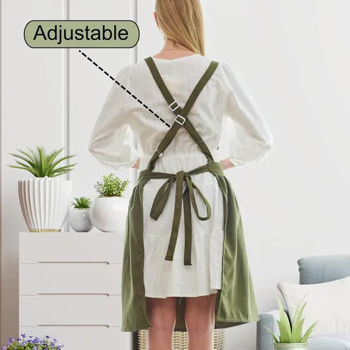 Miniatura 3 de Delantal Vintage Lindo para Mujer con Bolsillos, Delantal con Espalda Cruzada para Cocinar, Hornear, Cocina, Jardinería Verde oliva