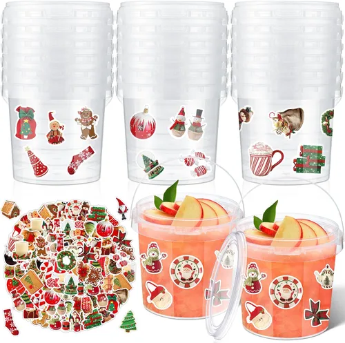 Miniatura 22 de PerKoop 20 cubos de helado de 32 onzas con tapas y asas, cubos transparentes de ron de cóctel con calcomanías, tina transparente de plástico