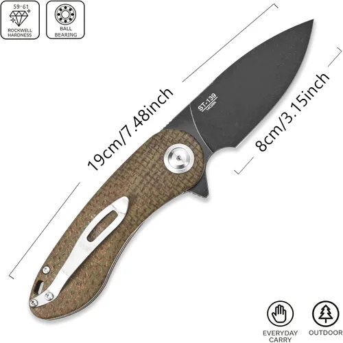 Miniatura 2 de Sitivien ST139 Sandvik 14C28N Cuchillo plegable de hoja de acero, cuchillos de herramientas EDC con mango Micarta para acampar al aire libre, Verde