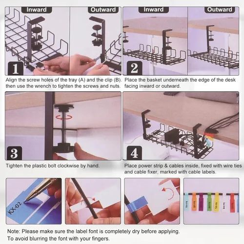 Miniatura 6 de uxcell Bandeja de organización de cables, 1 unidad de 15.75 pulgadas, estante de metal para organizar cables debajo del escritorio, sin taladro