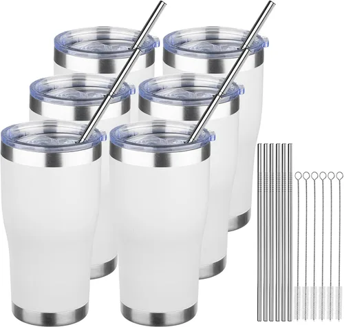 Miniatura 20 de MEZMUT - Paquete de 4 unidades de vaso de café aislado de 20 onzas con tapa y popote, vaso de viaje de acero inoxidable de doble pared