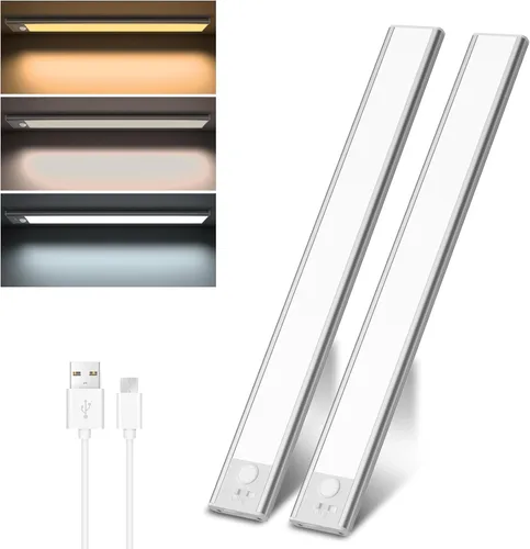 miadore Luz de gabinete con sensor de movimiento, paquete de 2 luces LED inalámbricas recargables por USB para debajo del gabinete, armario,