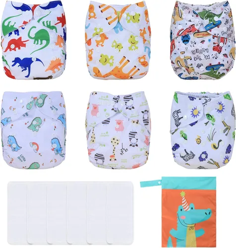 Miniatura 11 de TDIAPERS Pañales de tela reutilizables, lavables, de bolsillo, talla única, ajustable para pañales de tela a presión, paquete de 6 con 6 insertos