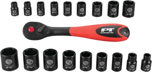 Performance Tool W38337 Juego de llaves de vaso de 6 puntos grabadas con láser de 19 piezas de 3/8 pulgadas SAE y métrico negro con trinquete