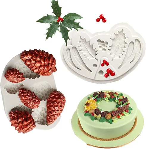 Cestony Moldes de silicona de hoja de acebo y piña de Navidad para pastel de bricolaje, fondant, galletas, pudín de azúcar, chocolate, dulces duros,