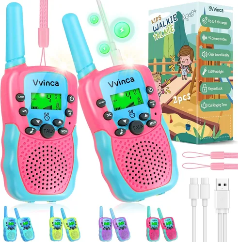 Miniatura 10 de Vvinca Walkie Talkies para niños, juguetes recargables para edades de 5 a 7 años, largo alcance, 22 canales, 2 vías, walkie talkie con linterna